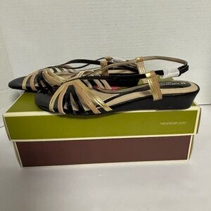 Naturalizer Joany Black/Gold Wedge Heel Comfort Slingback Sandal Size 8.5N NWT